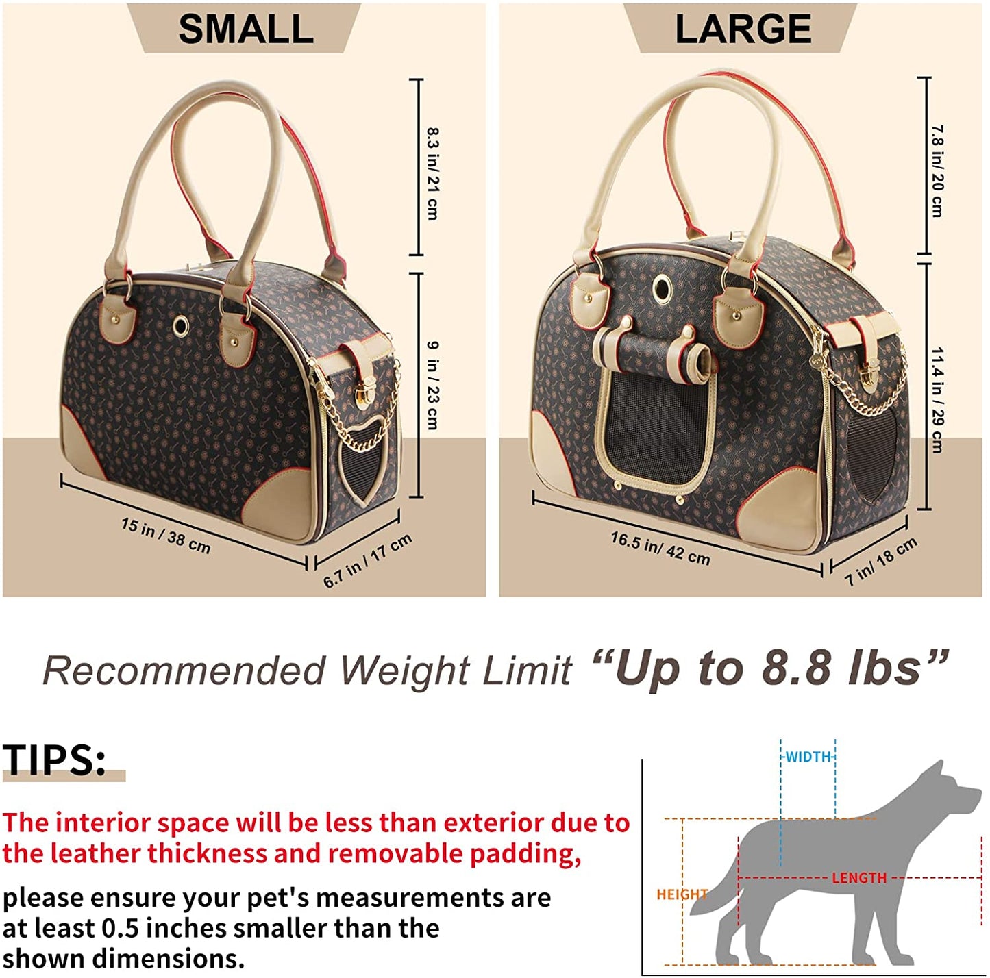 Premium PU Leather Fashion Dog Carrier Handbag and Cat Tote Bag - Large Brown Hiking Pet Bag