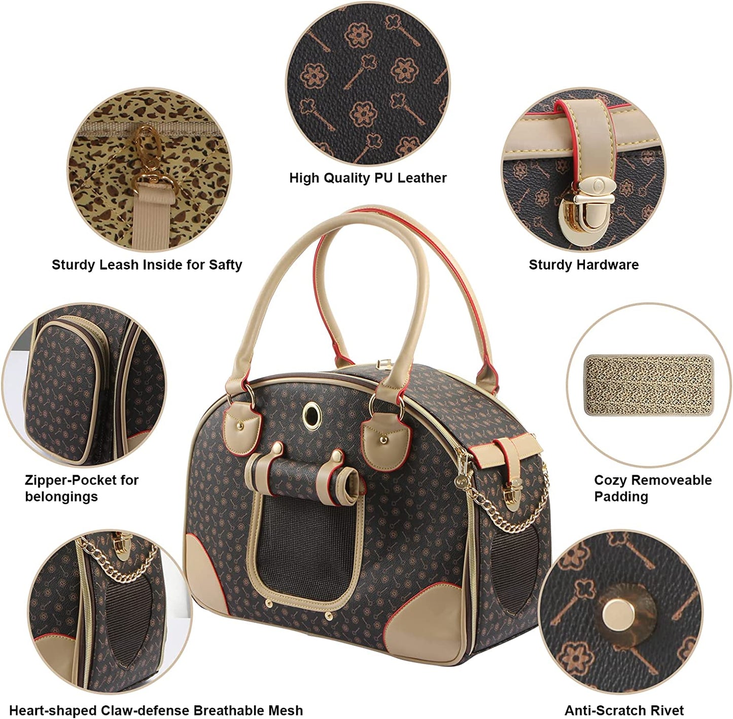 Premium PU Leather Fashion Dog Carrier Handbag and Cat Tote Bag - Large Brown Hiking Pet Bag