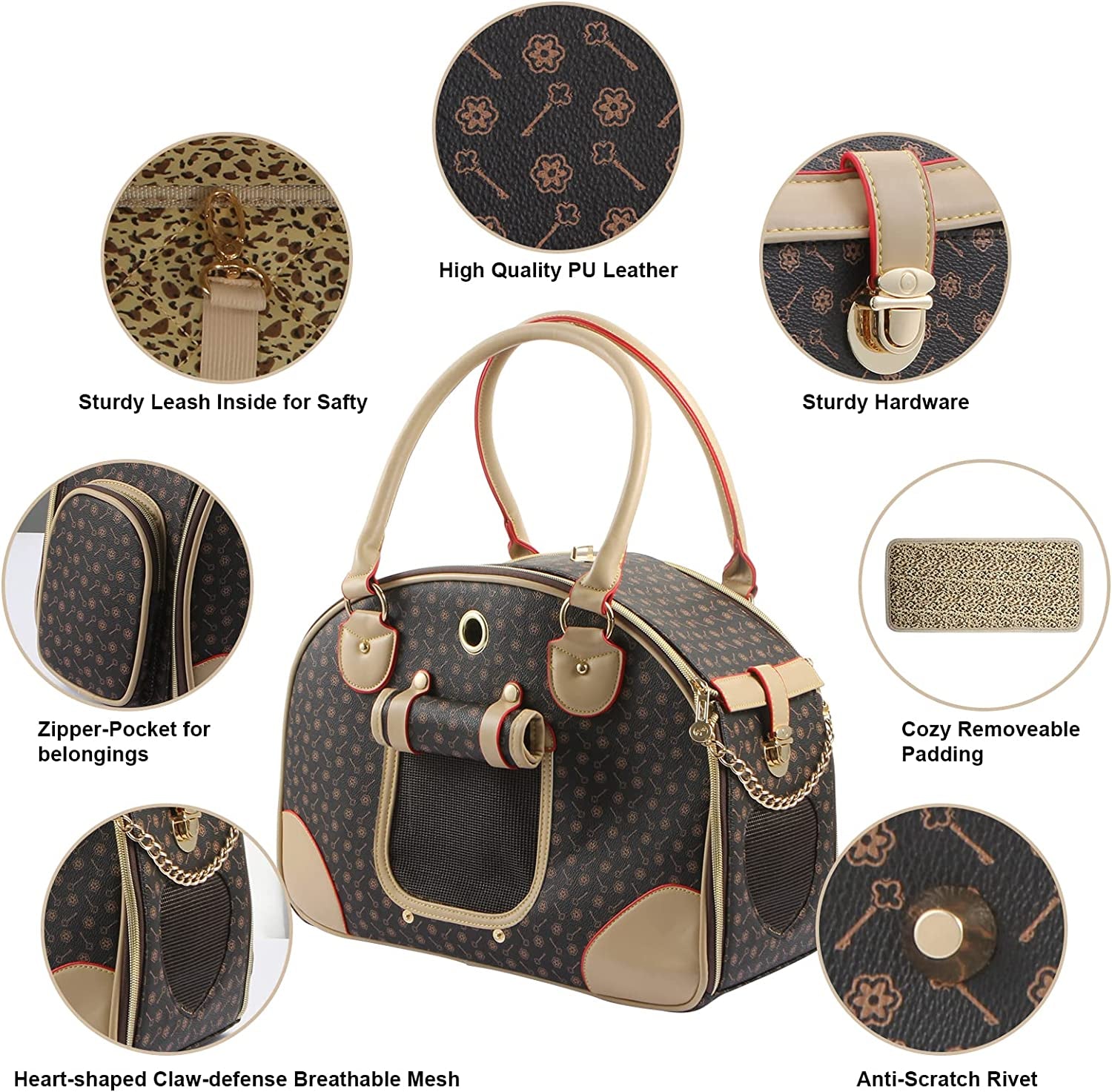 Premium PU Leather Fashion Dog Carrier Handbag and Cat Tote Bag - Large Brown Hiking Pet Bag