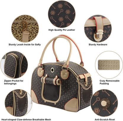 Premium PU Leather Fashion Dog Carrier Handbag and Cat Tote Bag - Large Brown Hiking Pet Bag