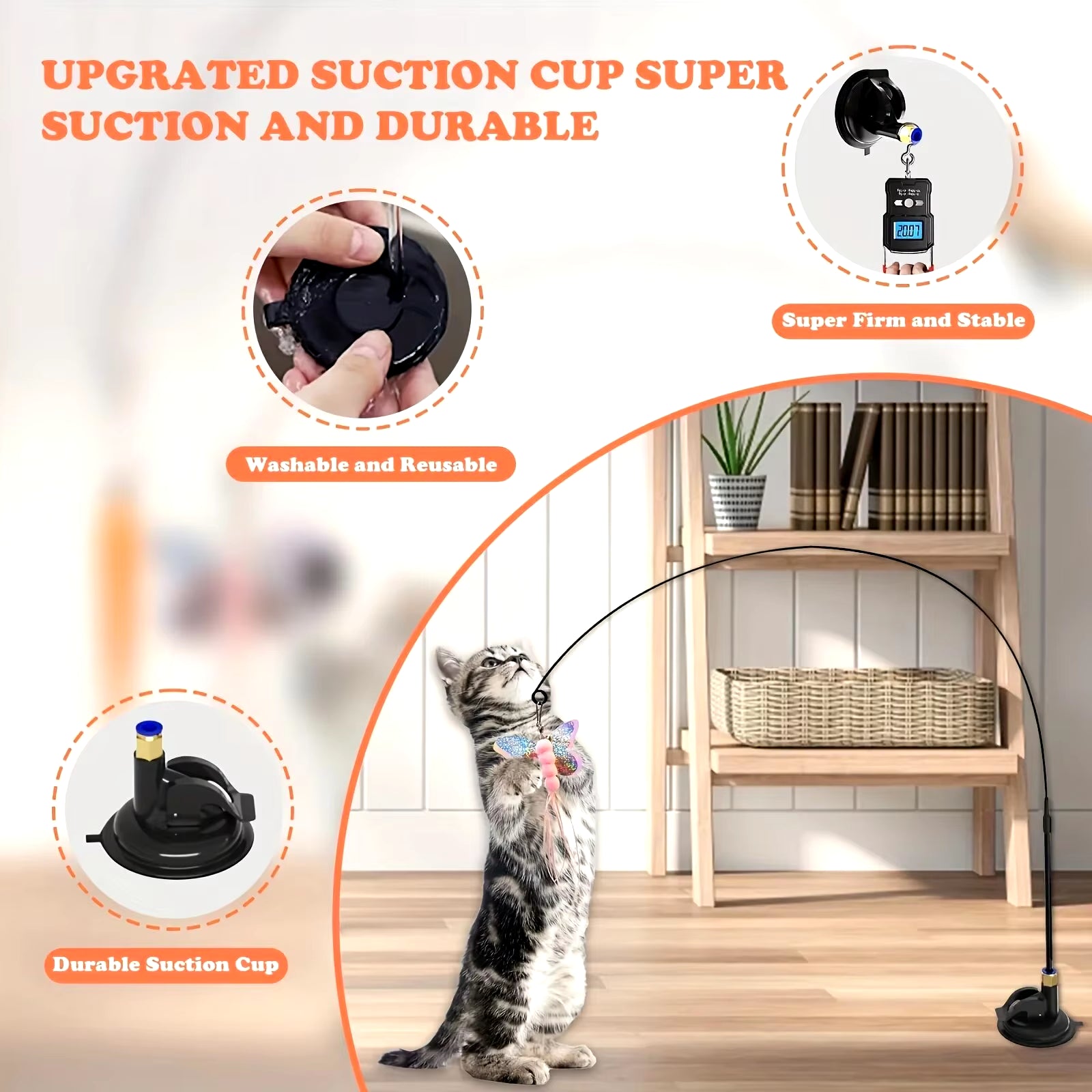 Interactive Cat Teaser Toy with Bell and Feather Wand - Extended Suction Cup Pole for Engaging Playtime Activities