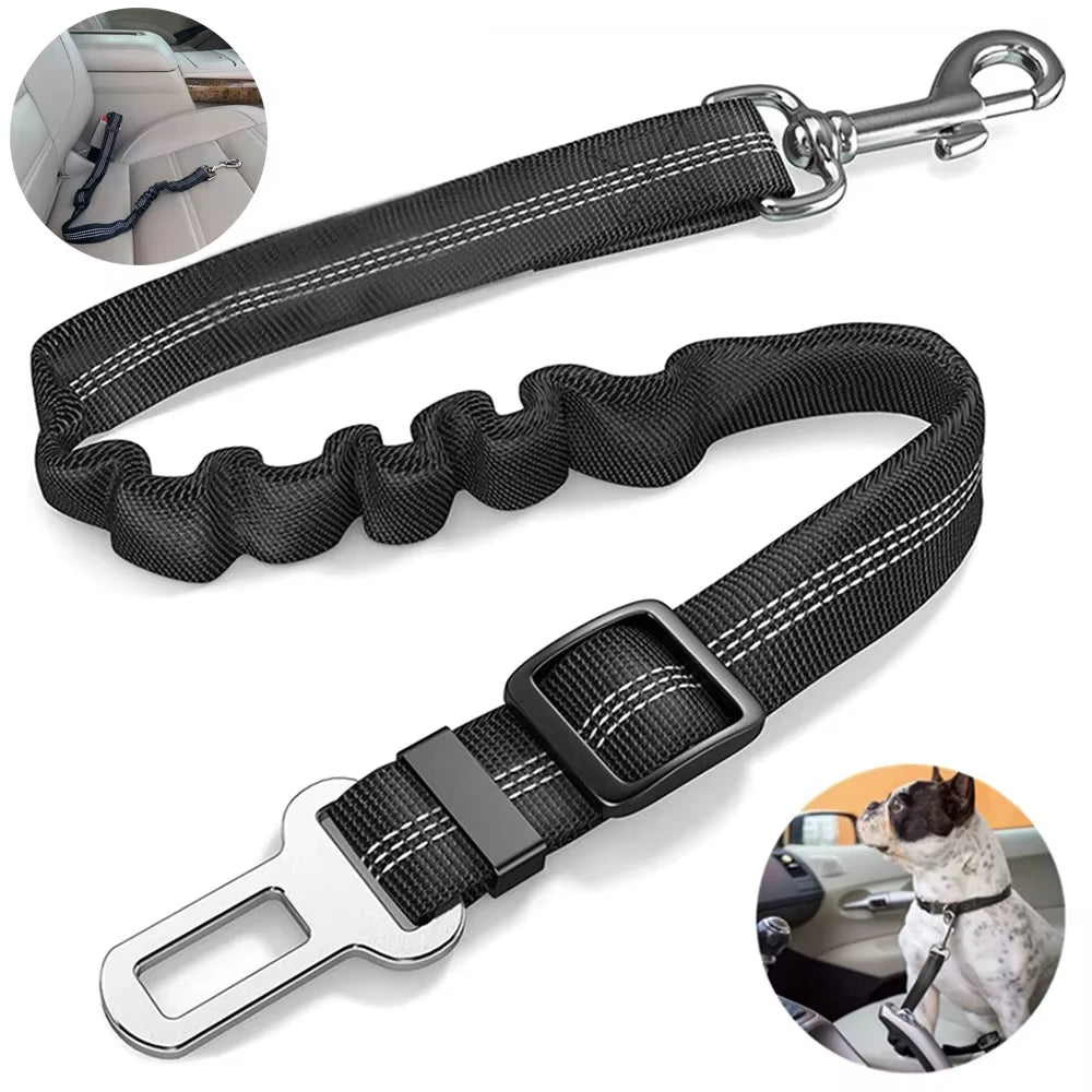 Adjustable Reflective Nylon Dog Seat Belt for Small and Large Breeds - Elastic Travel Safety Restraint for Puppies and French Bulldogs