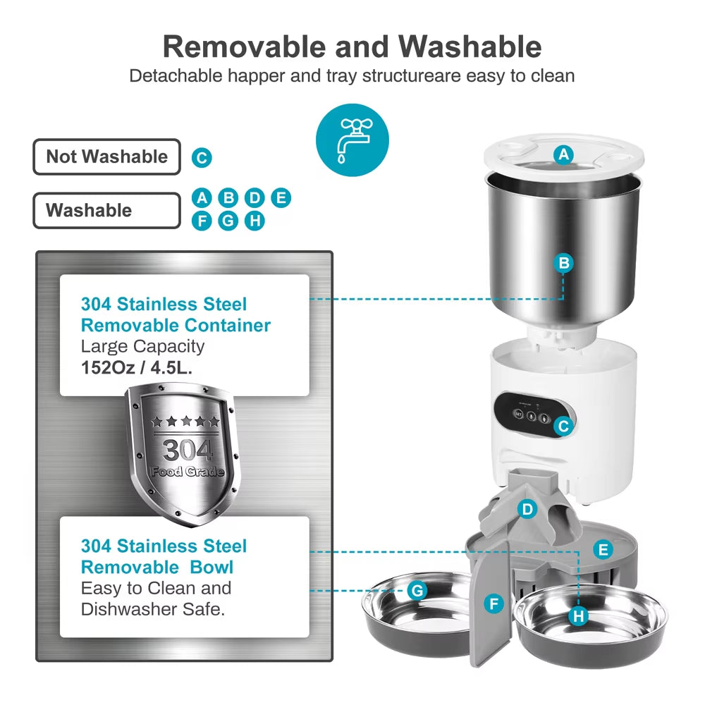 Automatic Smart Pet Feeder with Tuya WIFI, Double Meal Capacity (3L & 4.5L), Auto Recording and Timing Function for Dogs and Cats