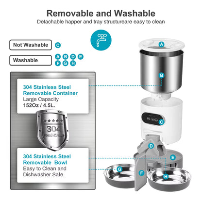Automatic Smart Pet Feeder with Tuya WIFI, Double Meal Capacity (3L & 4.5L), Auto Recording and Timing Function for Dogs and Cats