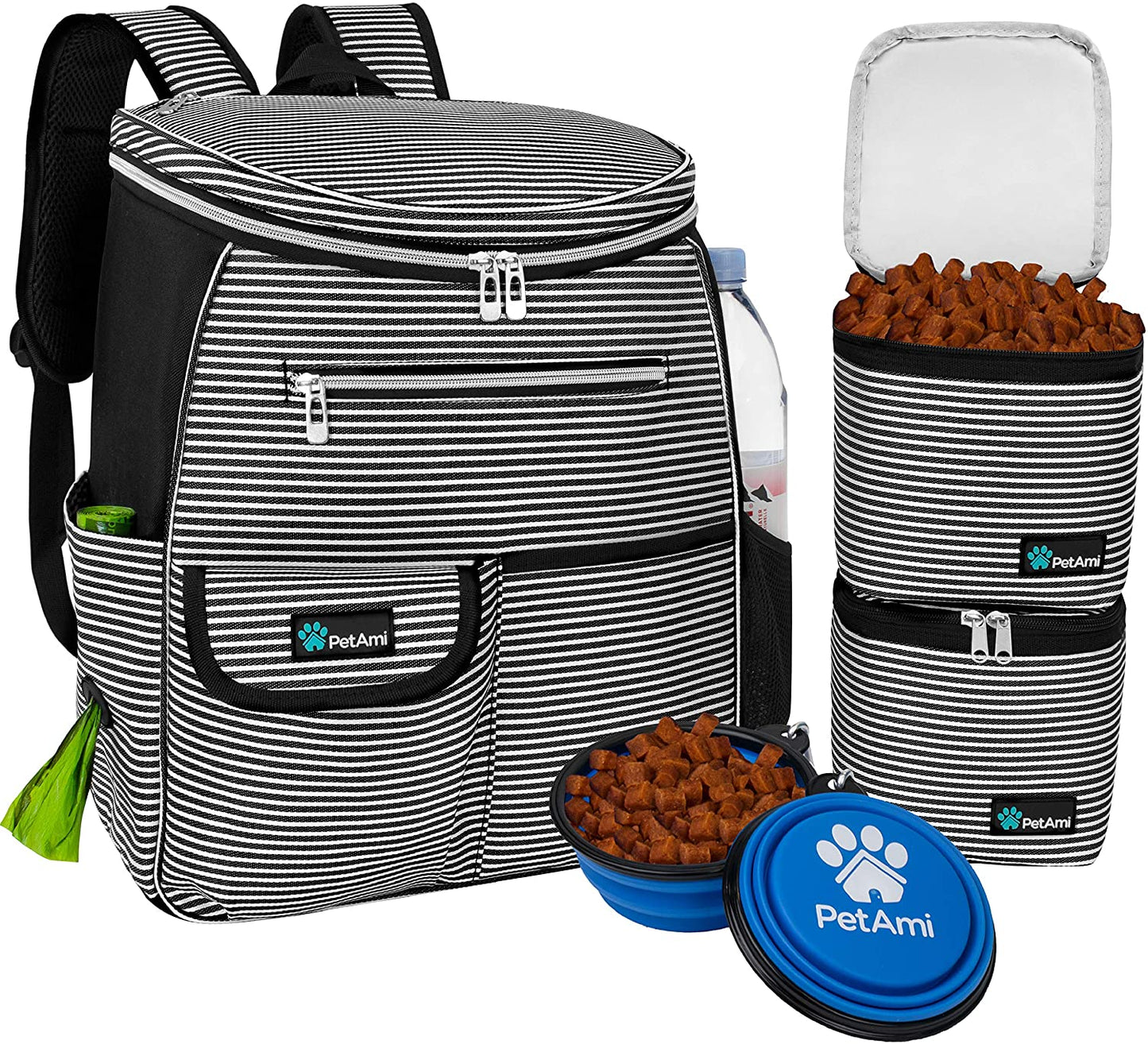 Airline-Approved Travel Backpack for Dogs with Diaper Supplies, Camping Essentials, Hiking Accessories, Food Container, and Collapsible Bowls in Black Stripe
