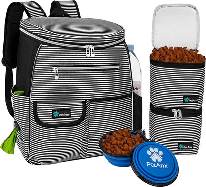 Airline-Approved Travel Backpack for Dogs with Diaper Supplies, Camping Essentials, Hiking Accessories, Food Container, and Collapsible Bowls in Black Stripe