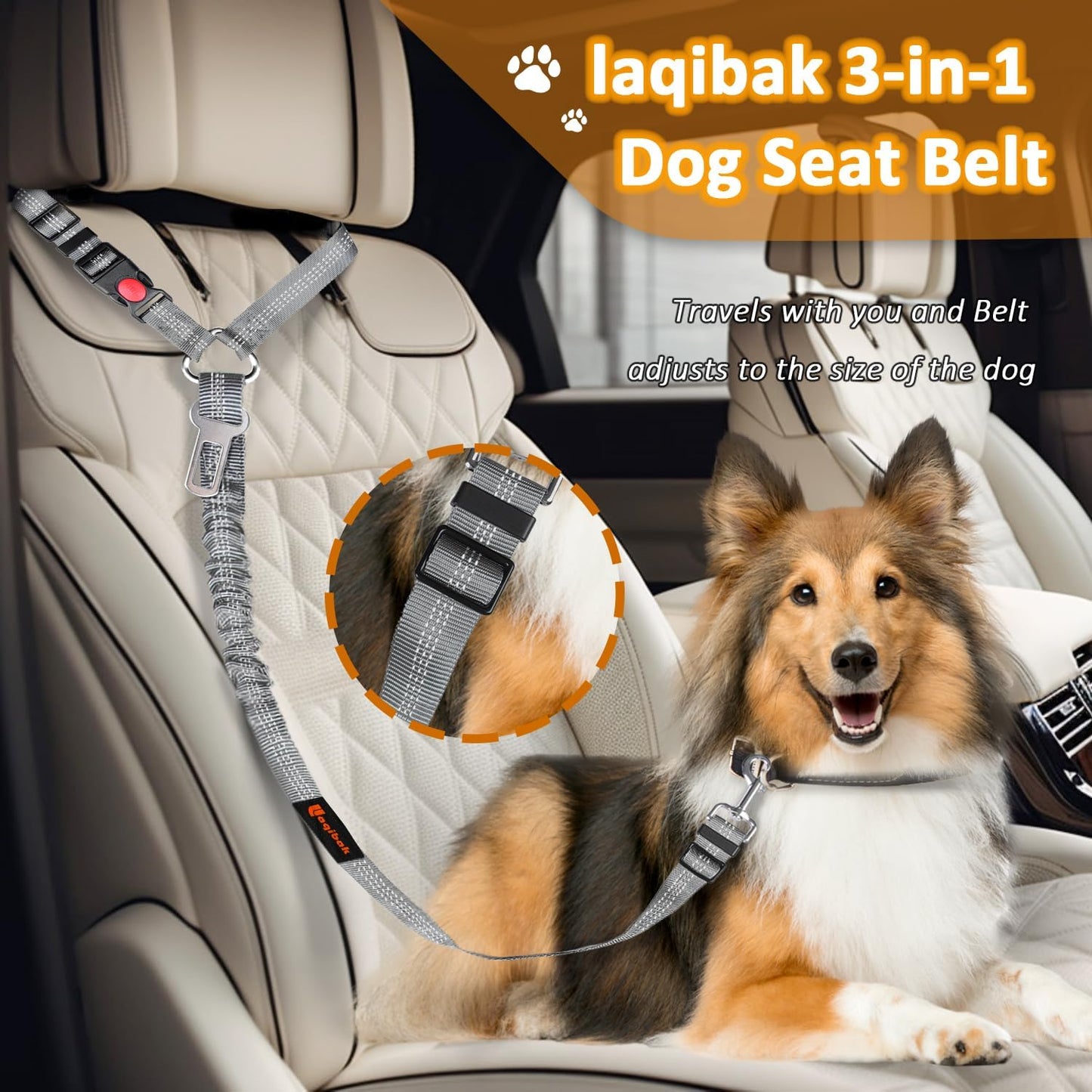 Removable 3-in-1 Dog Seat Belt Harness for Cars - Adjustable Reflective Bungee Tether with Retractable Restraint for Vehicle Headrest, Grey
