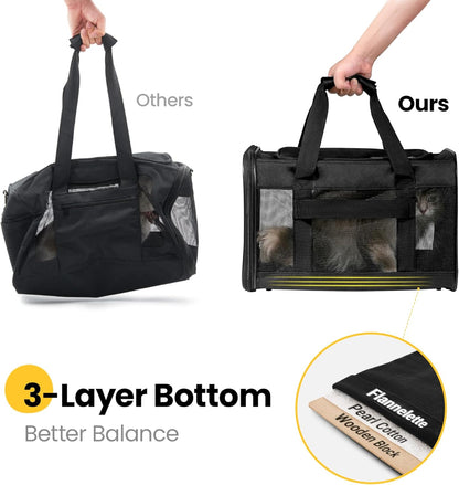 Airline-Approved Soft-Sided Cat and Dog Carrier with Safety Leash for Pets Up to 15 lbs - Collapsible Travel Bag in Black