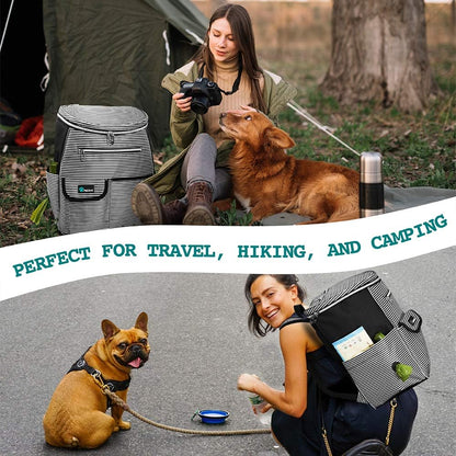 Airline-Approved Travel Backpack for Dogs with Diaper Supplies, Camping Essentials, Hiking Accessories, Food Container, and Collapsible Bowls in Black Stripe