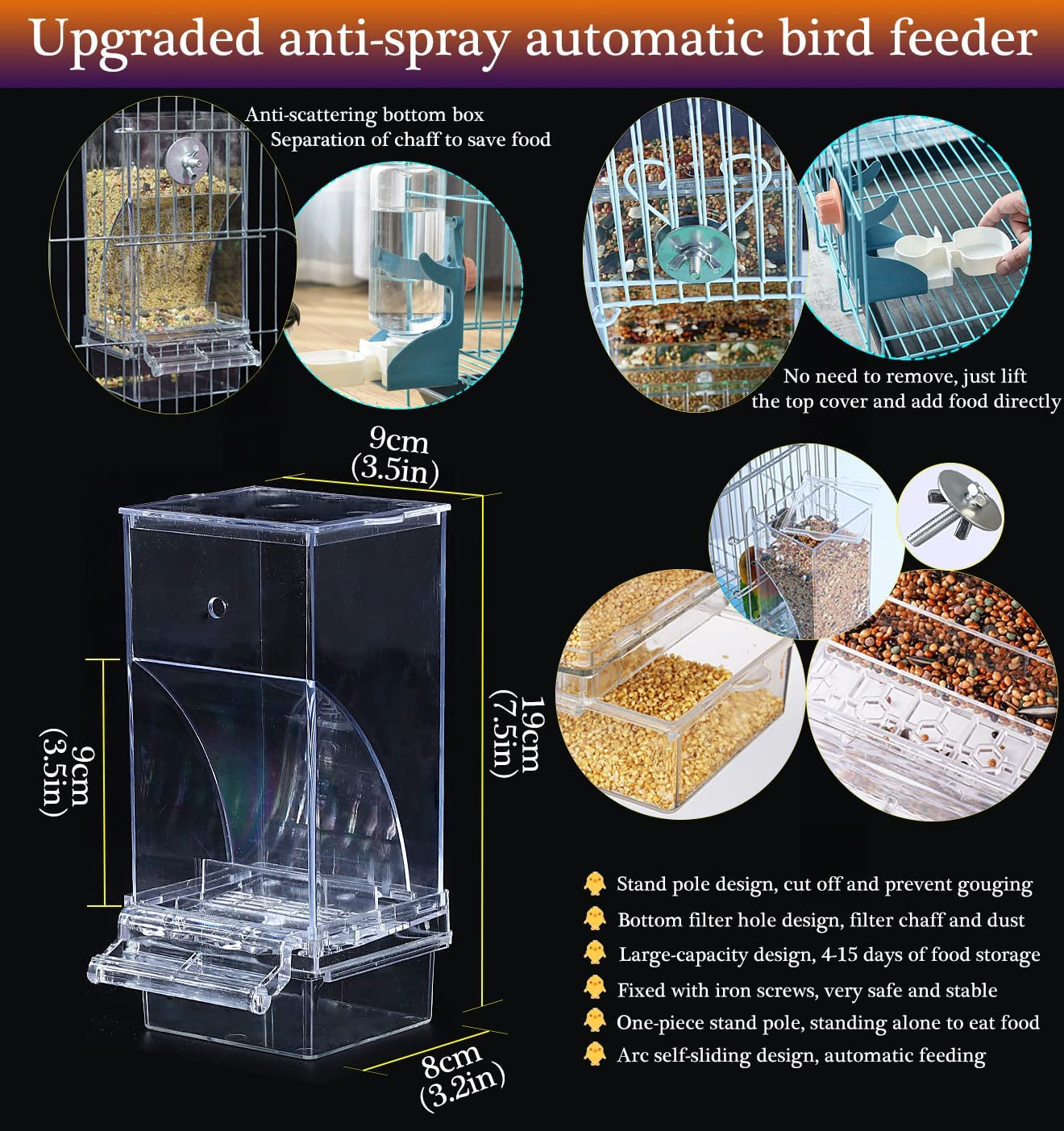 Automatic Bird Feeder and Water Dispenser Set for Parrots and Small Birds, Clear Seed Container and Drinker for Cages (Blue)