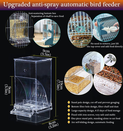 Automatic Bird Feeder and Water Dispenser Set for Parrots and Small Birds, Clear Seed Container and Drinker for Cages (Blue)