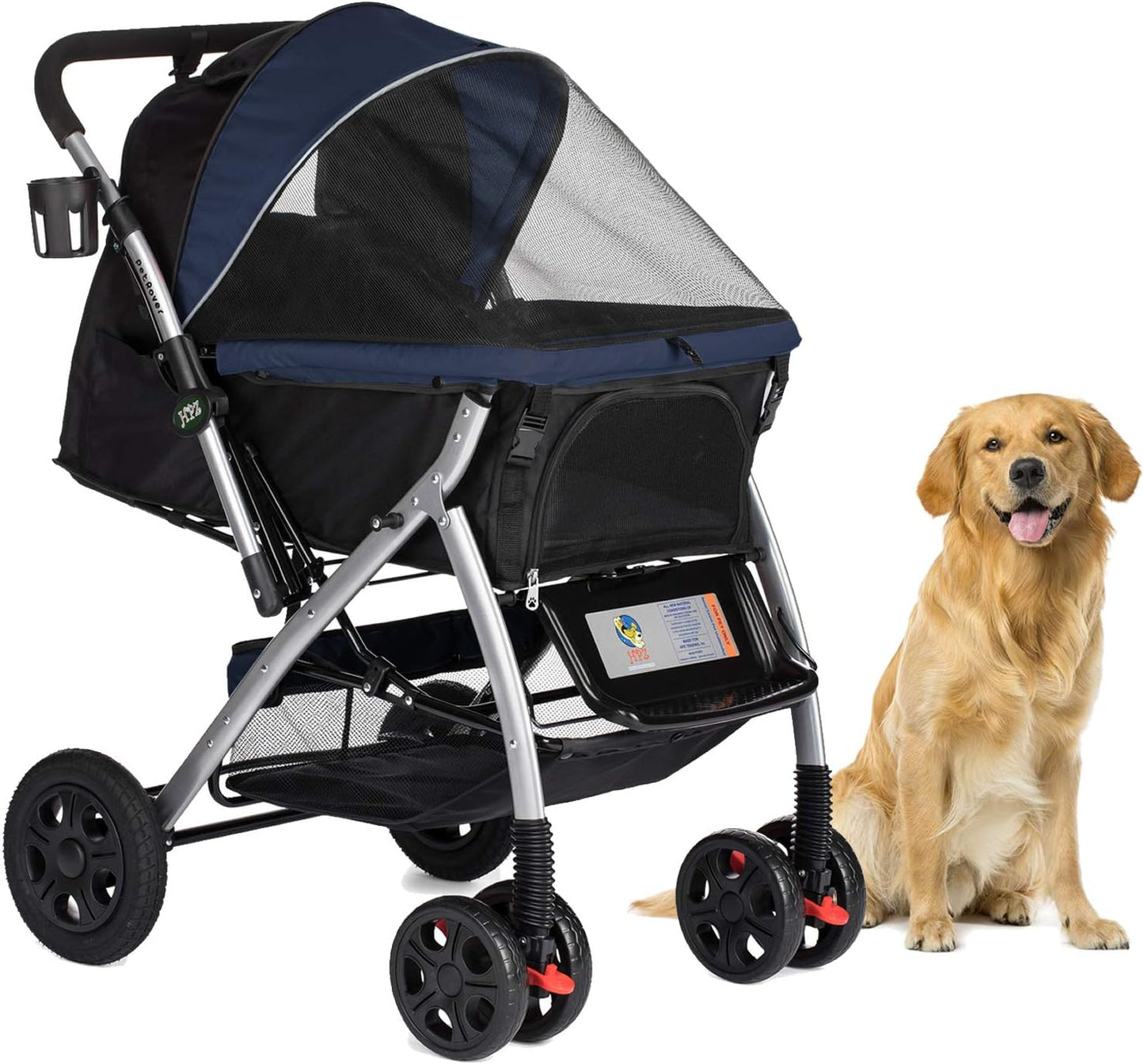 Pet Rover Premium Heavy-Duty Stroller for Dogs and Cats with Convertible Compartment, Zipperless Entry, Reversible Handle, and Pump-Free Rubber Tires - Midnight Blue