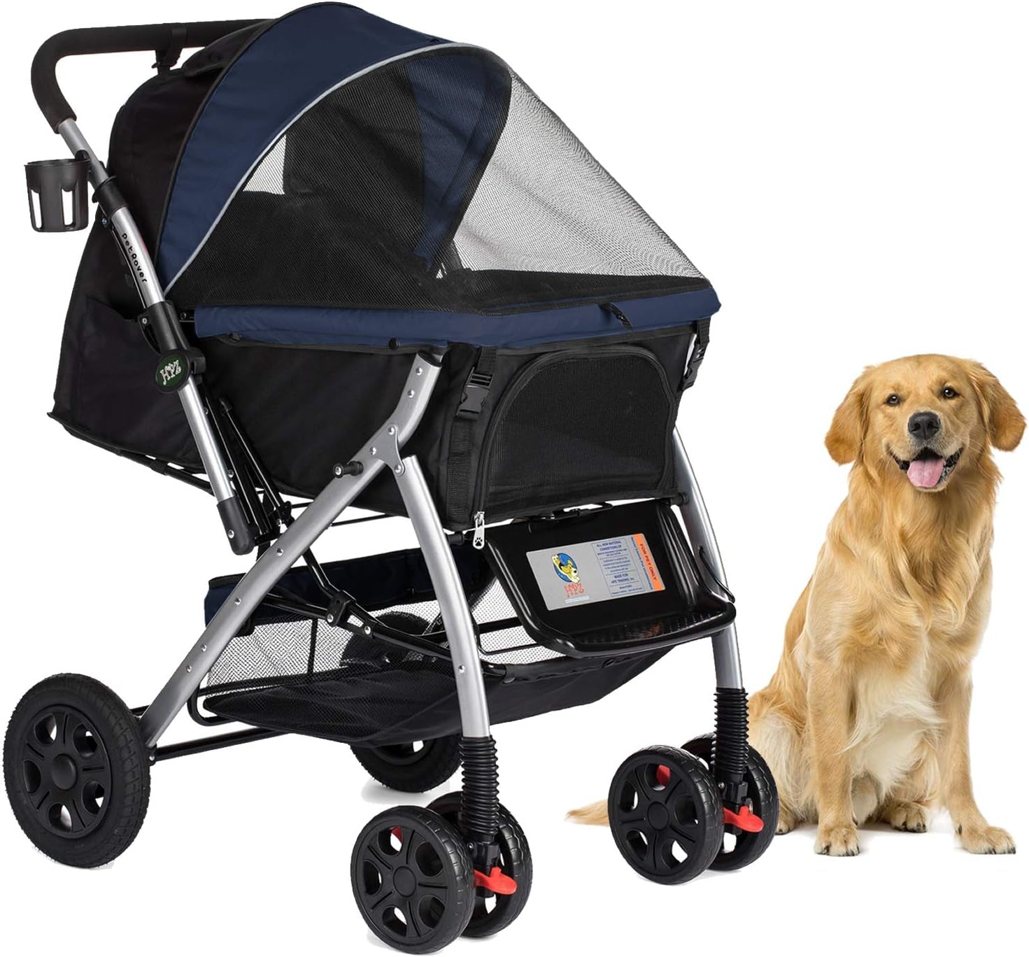 Pet Rover Premium Heavy-Duty Stroller for Dogs and Cats with Convertible Compartment, Zipperless Entry, Reversible Handle, and Pump-Free Rubber Tires - Midnight Blue