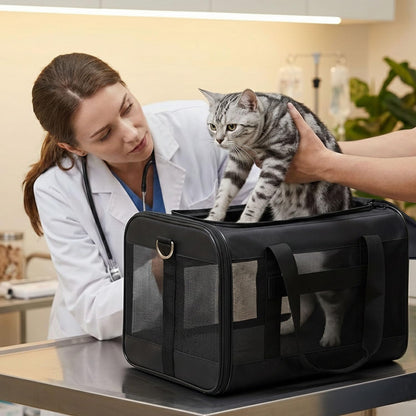 Airline-Approved Soft-Sided Cat and Dog Carrier with Safety Leash for Pets Up to 15 lbs - Collapsible Travel Bag in Black