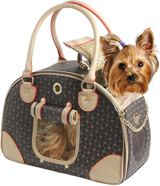 Premium PU Leather Fashion Dog Carrier Handbag and Cat Tote Bag - Large Brown Hiking Pet Bag