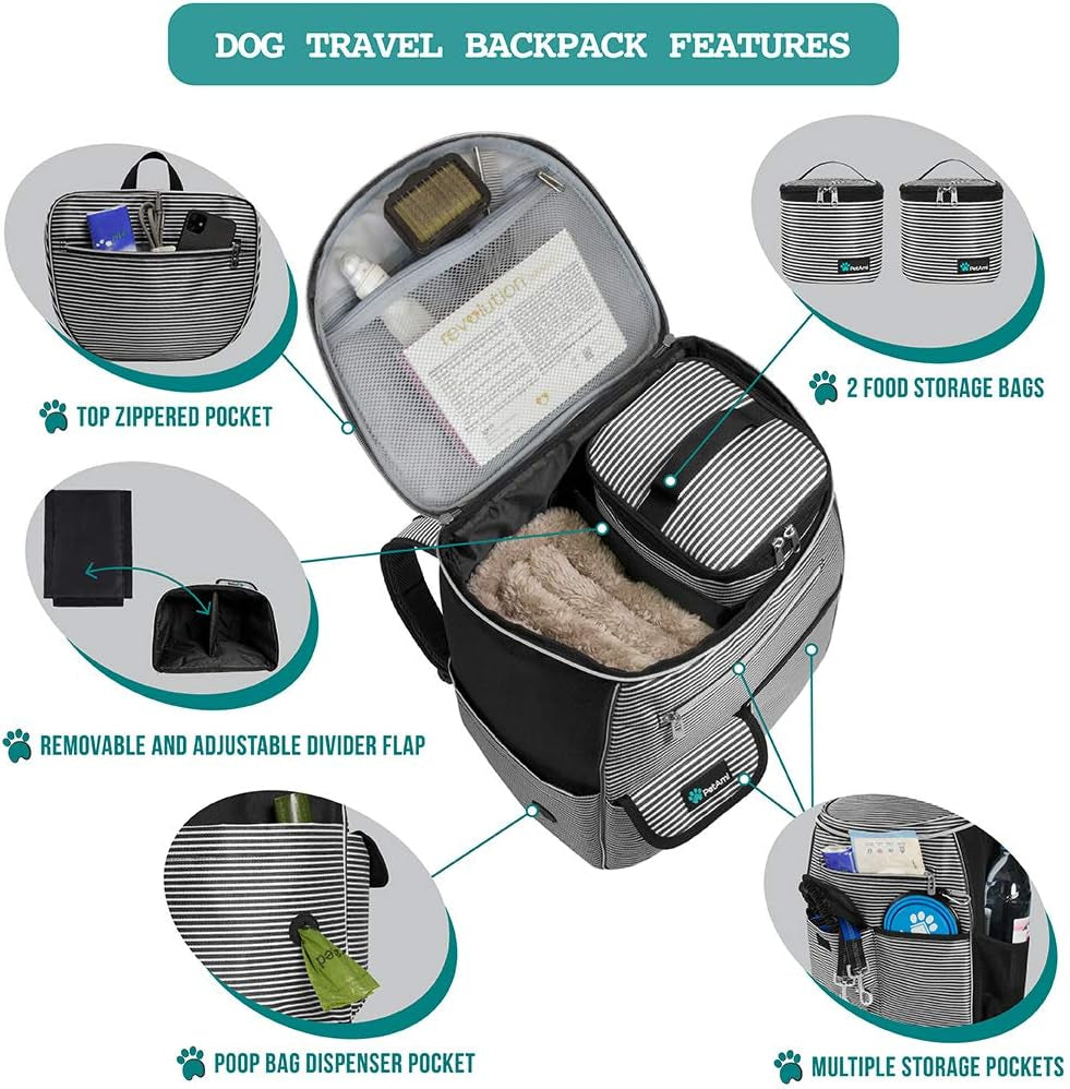 Airline-Approved Travel Backpack for Dogs with Diaper Supplies, Camping Essentials, Hiking Accessories, Food Container, and Collapsible Bowls in Black Stripe