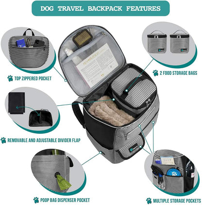 Airline-Approved Travel Backpack for Dogs with Diaper Supplies, Camping Essentials, Hiking Accessories, Food Container, and Collapsible Bowls in Black Stripe