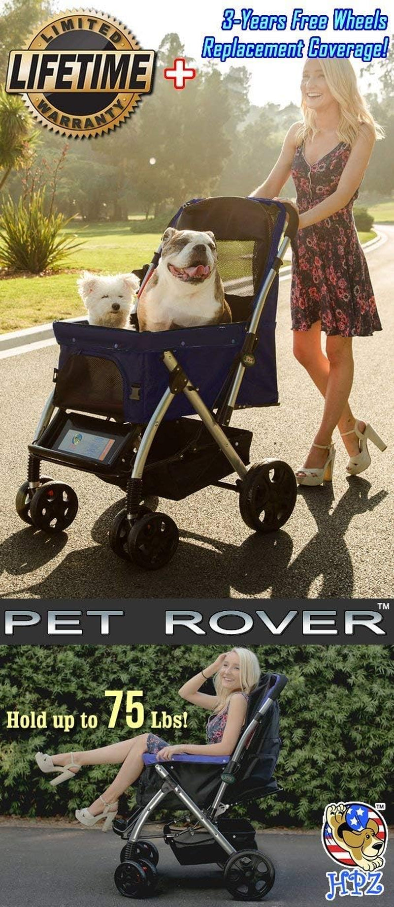 Pet Rover Premium Heavy-Duty Stroller for Dogs and Cats with Convertible Compartment, Zipperless Entry, Reversible Handle, and Pump-Free Rubber Tires - Midnight Blue