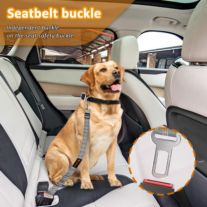 Removable 3-in-1 Dog Seat Belt Harness for Cars - Adjustable Reflective Bungee Tether with Retractable Restraint for Vehicle Headrest, Grey