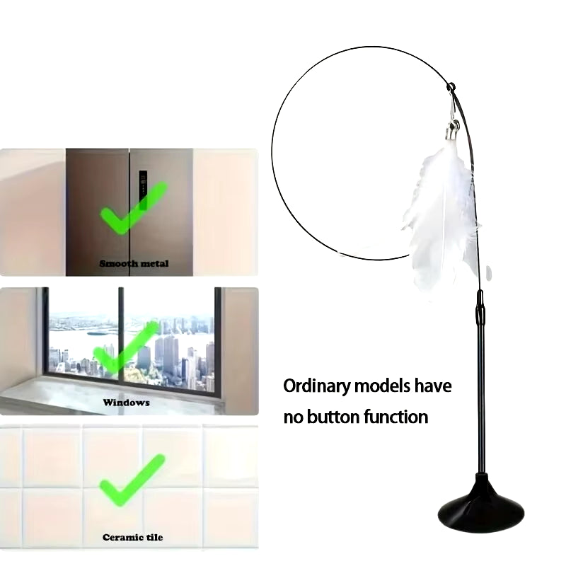 Interactive Cat Teaser Toy with Bell and Feather Wand - Extended Suction Cup Pole for Engaging Playtime Activities