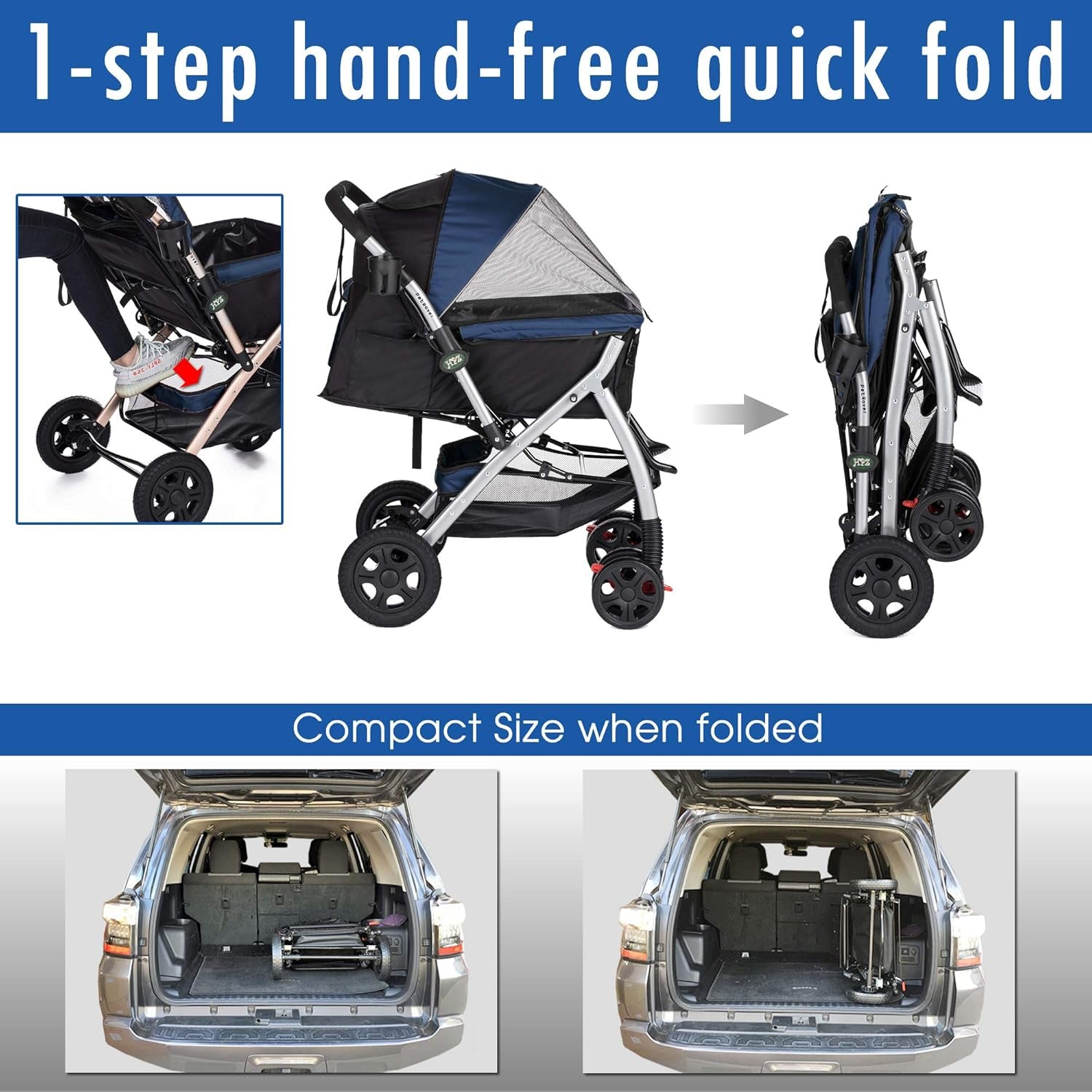 Pet Rover Premium Heavy-Duty Stroller for Dogs and Cats with Convertible Compartment, Zipperless Entry, Reversible Handle, and Pump-Free Rubber Tires - Midnight Blue