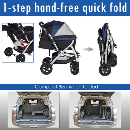 Pet Rover Premium Heavy-Duty Stroller for Dogs and Cats with Convertible Compartment, Zipperless Entry, Reversible Handle, and Pump-Free Rubber Tires - Midnight Blue