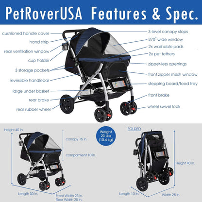 Pet Rover Premium Heavy-Duty Stroller for Dogs and Cats with Convertible Compartment, Zipperless Entry, Reversible Handle, and Pump-Free Rubber Tires - Midnight Blue