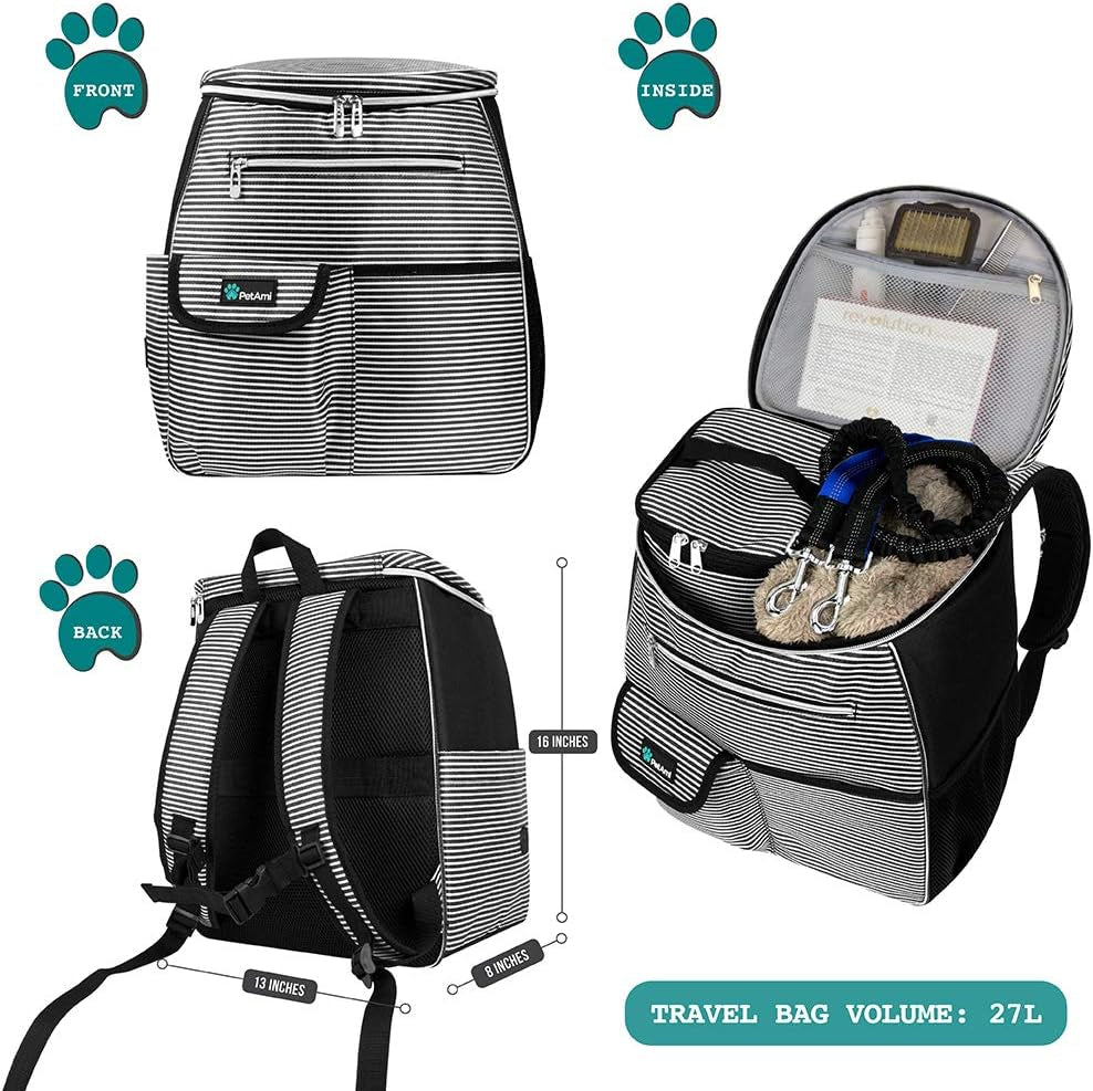 Airline-Approved Travel Backpack for Dogs with Diaper Supplies, Camping Essentials, Hiking Accessories, Food Container, and Collapsible Bowls in Black Stripe