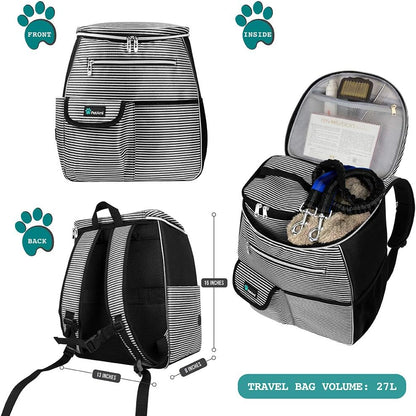 Airline-Approved Travel Backpack for Dogs with Diaper Supplies, Camping Essentials, Hiking Accessories, Food Container, and Collapsible Bowls in Black Stripe