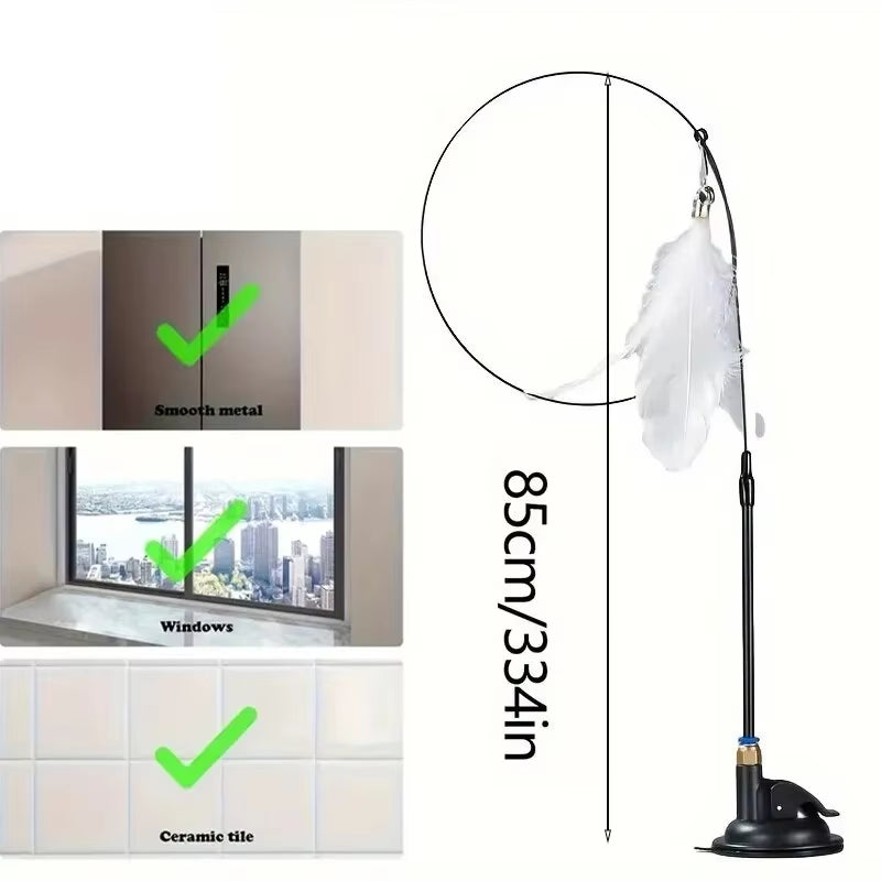 Interactive Cat Teaser Toy with Bell and Feather Wand - Extended Suction Cup Pole for Engaging Playtime Activities