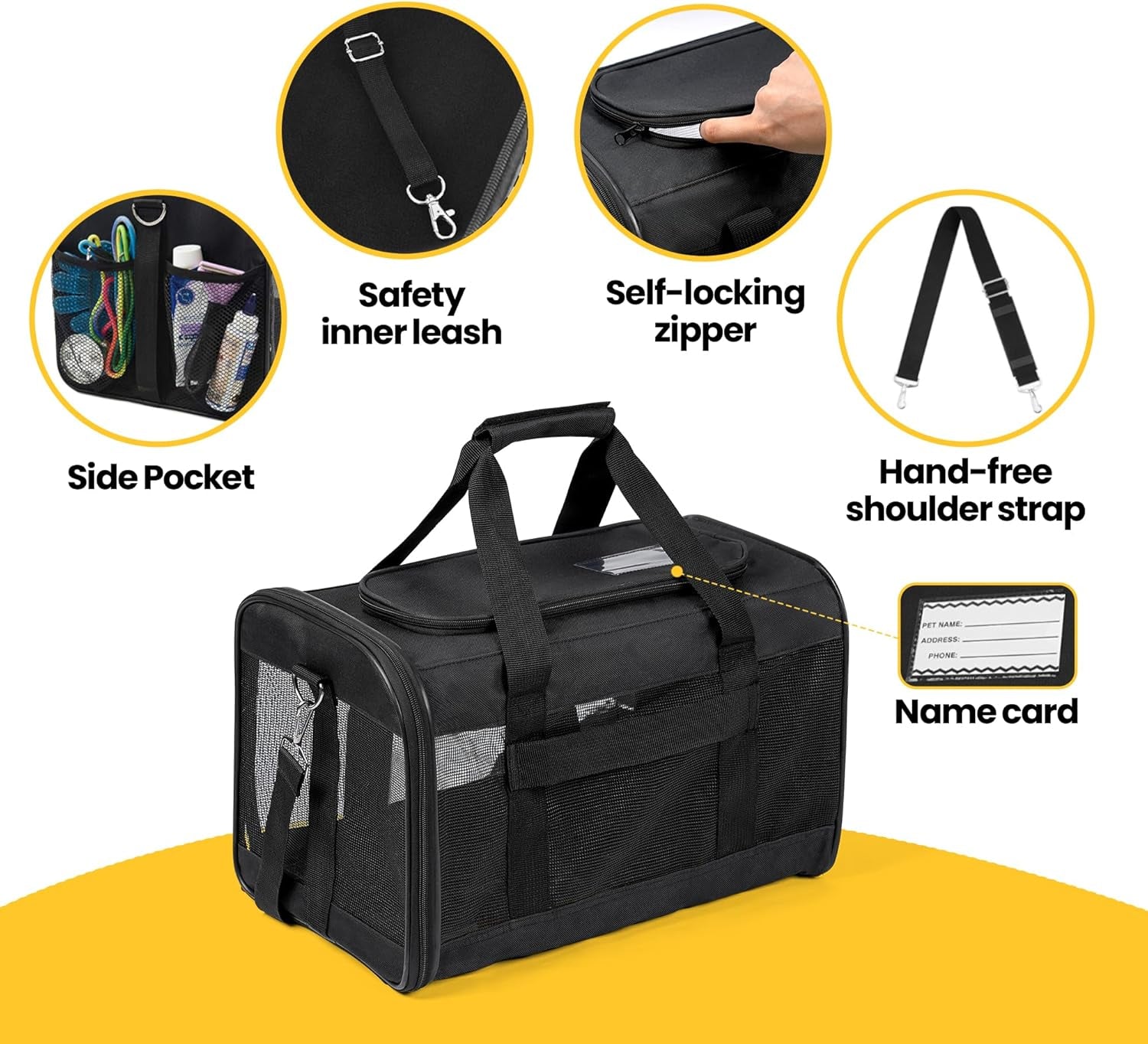 Airline-Approved Soft-Sided Cat and Dog Carrier with Safety Leash for Pets Up to 15 lbs - Collapsible Travel Bag in Black
