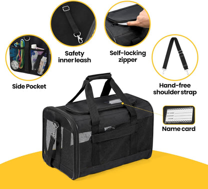 Airline-Approved Soft-Sided Cat and Dog Carrier with Safety Leash for Pets Up to 15 lbs - Collapsible Travel Bag in Black