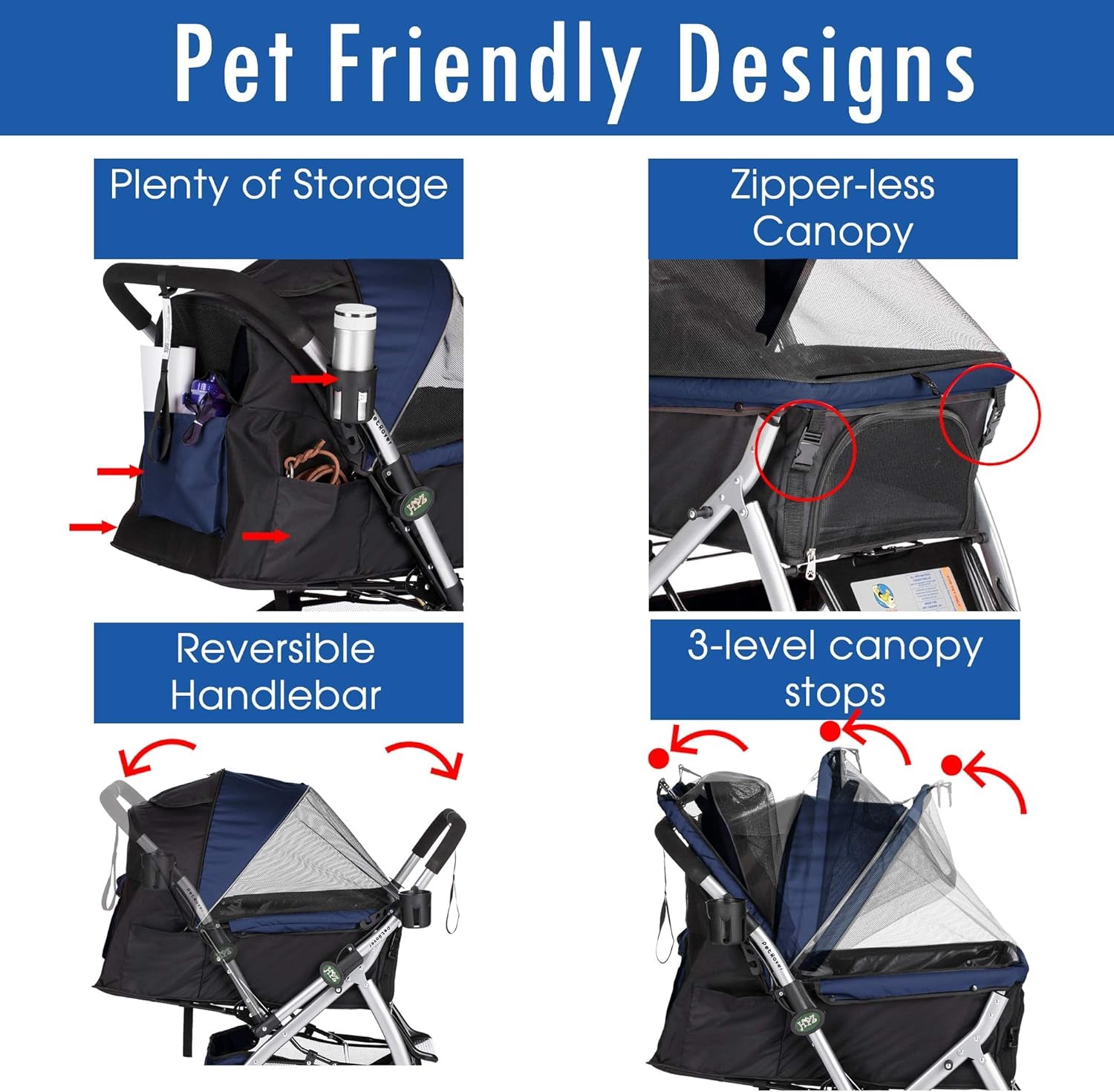 Pet Rover Premium Heavy-Duty Stroller for Dogs and Cats with Convertible Compartment, Zipperless Entry, Reversible Handle, and Pump-Free Rubber Tires - Midnight Blue