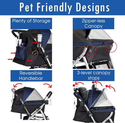 Pet Rover Premium Heavy-Duty Stroller for Dogs and Cats with Convertible Compartment, Zipperless Entry, Reversible Handle, and Pump-Free Rubber Tires - Midnight Blue