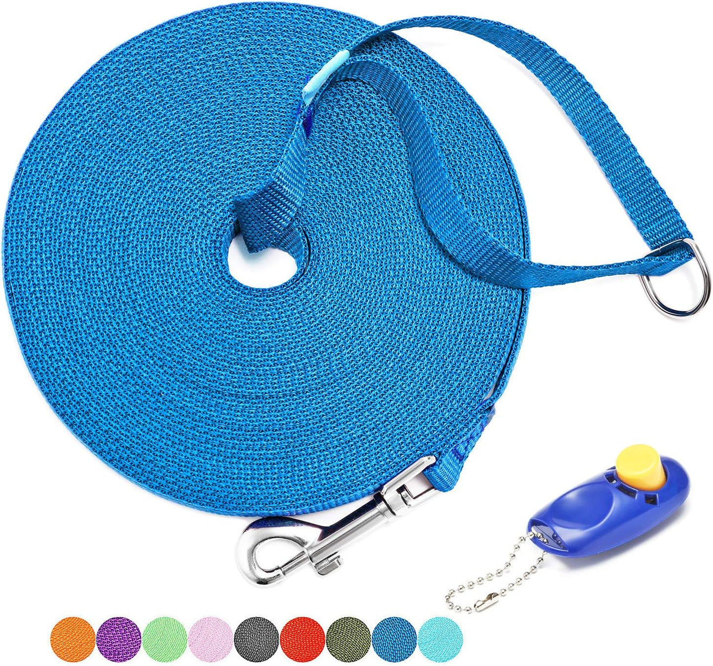 Professional Dog Training Leash with Clickers - Available in 15, 20, 30, 50, and 100 Feet for Small, Medium, and Large Dogs or Cats (50 Feet, Blue)