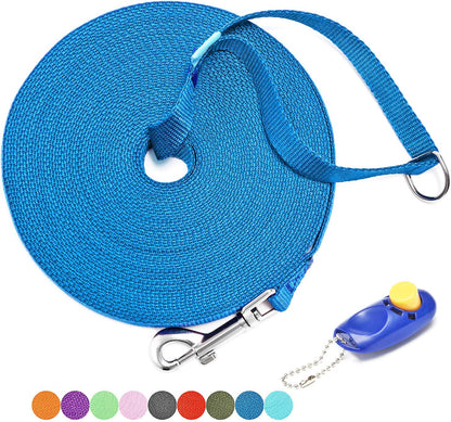 Professional Dog Training Leash with Clickers - Available in 15, 20, 30, 50, and 100 Feet for Small, Medium, and Large Dogs or Cats (50 Feet, Blue)