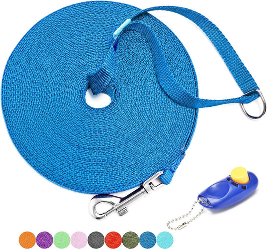 Professional Dog Training Leash with Clickers - Available in 15, 20, 30, 50, and 100 Feet for Small, Medium, and Large Dogs or Cats (50 Feet, Blue)