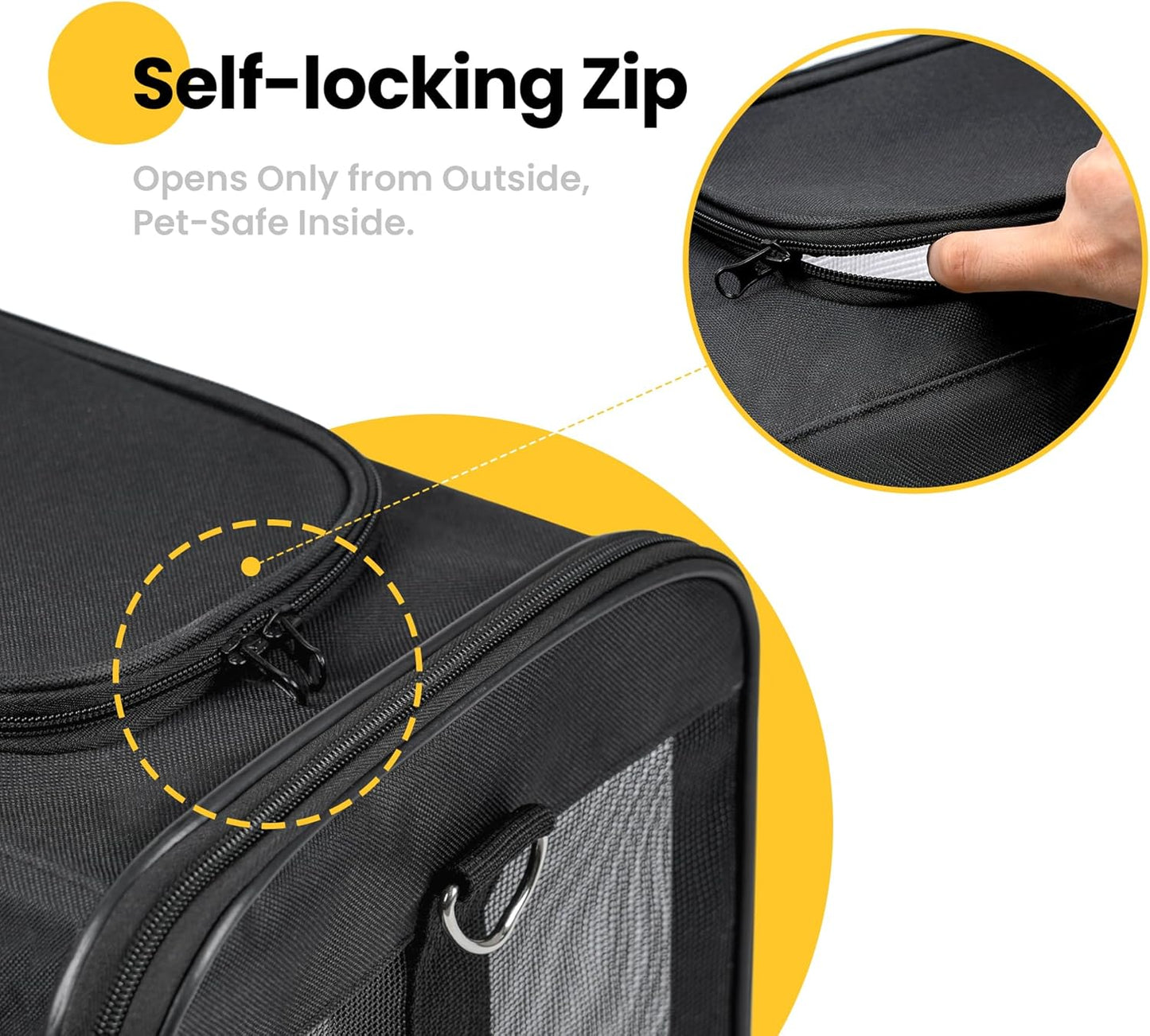 Airline-Approved Soft-Sided Cat and Dog Carrier with Safety Leash for Pets Up to 15 lbs - Collapsible Travel Bag in Black