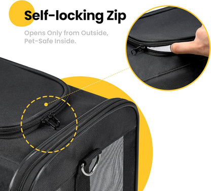 Airline-Approved Soft-Sided Cat and Dog Carrier with Safety Leash for Pets Up to 15 lbs - Collapsible Travel Bag in Black