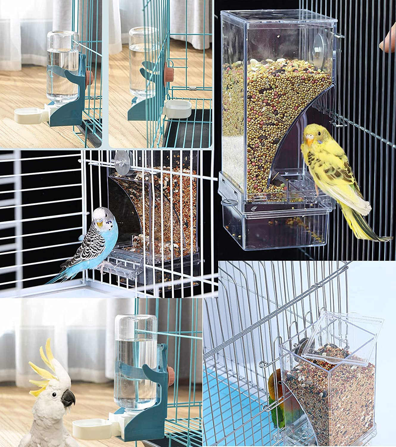 Automatic Bird Feeder and Water Dispenser Set for Parrots and Small Birds, Clear Seed Container and Drinker for Cages (Blue)