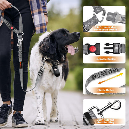 Removable 3-in-1 Dog Seat Belt Harness for Cars - Adjustable Reflective Bungee Tether with Retractable Restraint for Vehicle Headrest, Grey