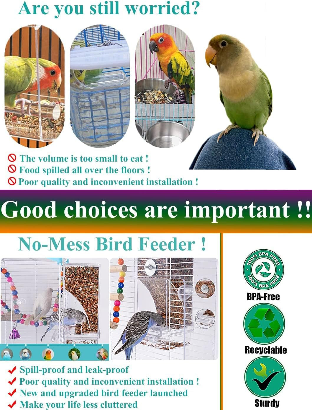Automatic Bird Feeder and Water Dispenser Set for Parrots and Small Birds, Clear Seed Container and Drinker for Cages (Blue)