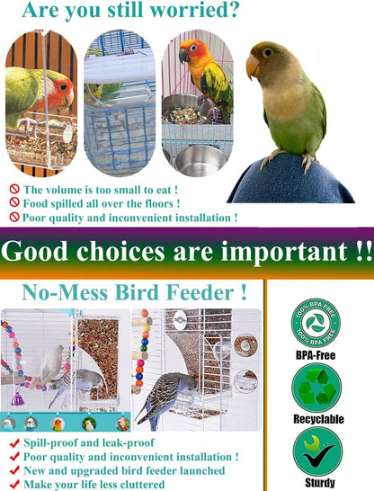 Automatic Bird Feeder and Water Dispenser Set for Parrots and Small Birds, Clear Seed Container and Drinker for Cages (Blue)