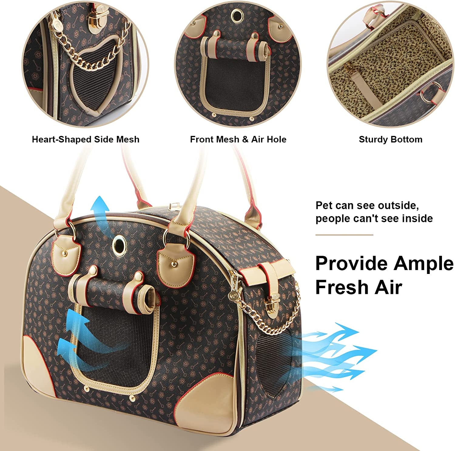 Premium PU Leather Fashion Dog Carrier Handbag and Cat Tote Bag - Large Brown Hiking Pet Bag