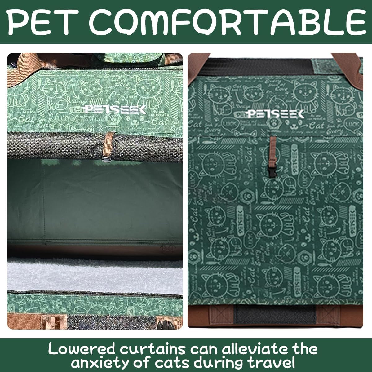 Extra Large Soft-Sided Cat Carrier and Portable Small Dog Carrier for Two Cats, 24" x 16.5" x 16", Comfortable Folding Design for Car Travel, Green