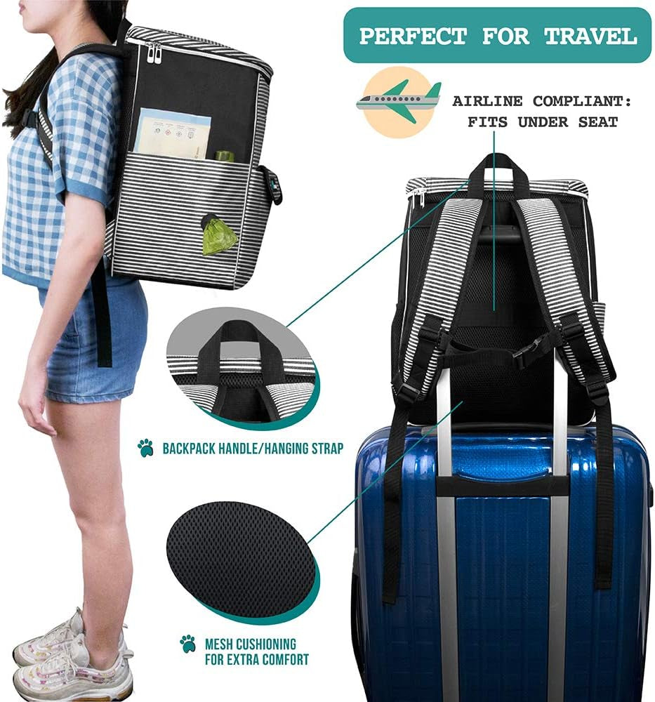 Airline-Approved Travel Backpack for Dogs with Diaper Supplies, Camping Essentials, Hiking Accessories, Food Container, and Collapsible Bowls in Black Stripe