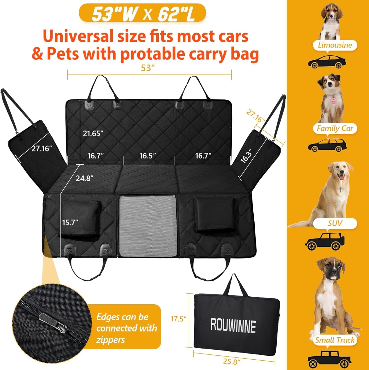Dog Backseat Extender Large Space Dog Car Seat Cover Hard Bottom Holds 400Lbs Heavy Duty Back Seat Extender for Car SUV Black