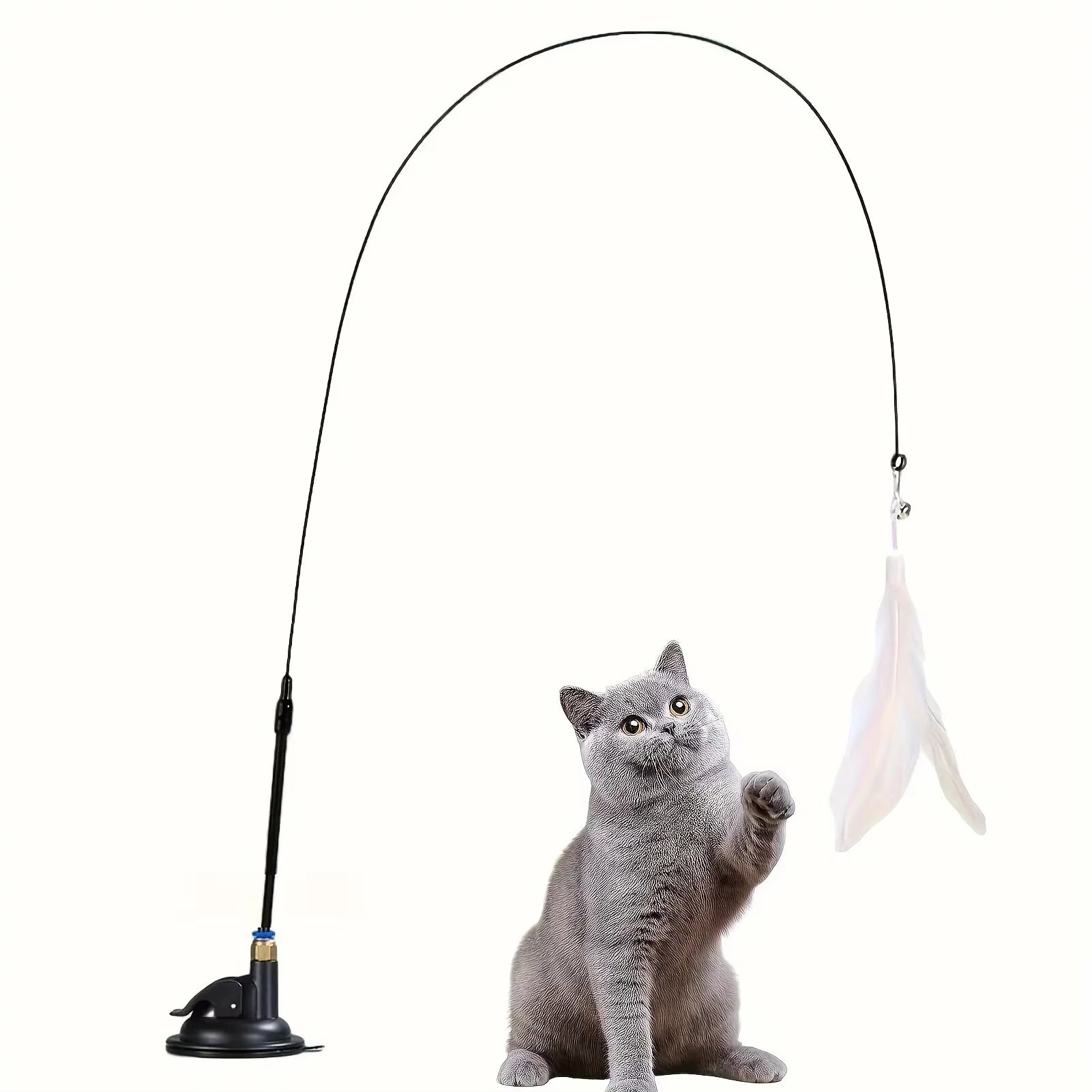 Interactive Cat Teaser Toy with Bell and Feather Wand - Extended Suction Cup Pole for Engaging Playtime Activities