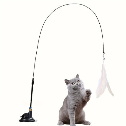 Interactive Cat Teaser Toy with Bell and Feather Wand - Extended Suction Cup Pole for Engaging Playtime Activities
