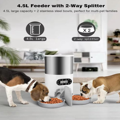 Automatic Smart Pet Feeder with Tuya WIFI, Double Meal Capacity (3L & 4.5L), Auto Recording and Timing Function for Dogs and Cats